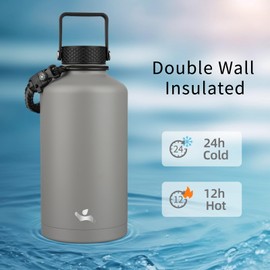 Konokyo Insulated Water Bottle with Straw,87 oz 3 Lids Water Jug with Carrying Bag,Paracord Handle,Double Wall Vacuum Stainless Steel Metal Flask,Gray