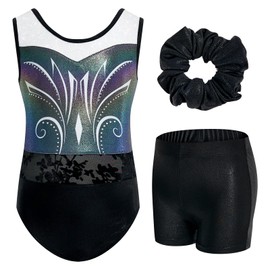 JiAmy Girls Gymnastics Leotards Three Piece Set with Shorts Scrunchie Sleeveless Sparkle Kids Gymnastics Outfits for Age 8-9, Black