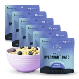 Mushroom Overnight Oats (6 Pack) Superfood Lions Mane Mushroom, Chia & Flax Seed - Organic Protein Oatmeal - High Fiber, Vegan, Gluten Free, Low Sugar - Easy Prep Plant Protein - Blueberry