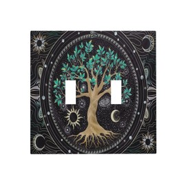 Tree of Life Blackground Double Toggle Light Switch Cover Decorative Hippie Sun Moon Star 2 Gang Wall Plate Electrical Faceplate Switchplate Art Panel for Bathroom Bedroom Living Room Decor