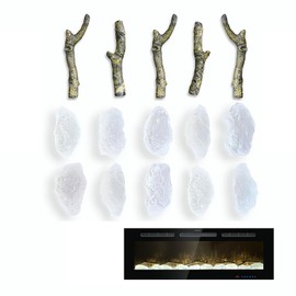 Electric Fireplace Logs for Recessed and Wall Mounted Electric Fireplace, Synthetic Resin Log Branches and Crystal Stones Decoration for Indoor Electric Fireplaces (5pcs logs + 10 Crystal Stones)