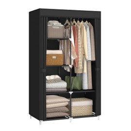 MOGELAFOO 35 Inch Portable Closet for Small Room, Clothing Organizer Storage Rack with Non-Woven Fabric Cover, 1 Clothes Hanging Rod, 6 Storage Shelves, Black