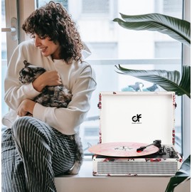 Vinyl Record Player Bluetooth with Built-in Speakers, Vintage Portable Turntable 3 Speed with USB Recording Headphone/RCA/AUX Jack Floral Record Player White