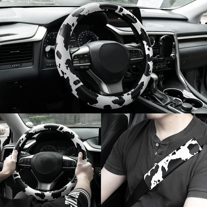 AUTOXBERT 3Pcs Cow Print Steering Wheel Cover Set 15Inch Wheel