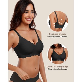 HORISUN Wireless Seamless Bras for Women No Underwire Wavy V Neck Soft Support Full Coverage Comfortable Bra (Black,M)