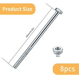 M10 Hex Bolts with Nuts, M10 x 160 mm Hex Screws with Shank, Galvanised Machine Screws, Partially Threaded Screws, Hex Screws for Metal Construction, Car