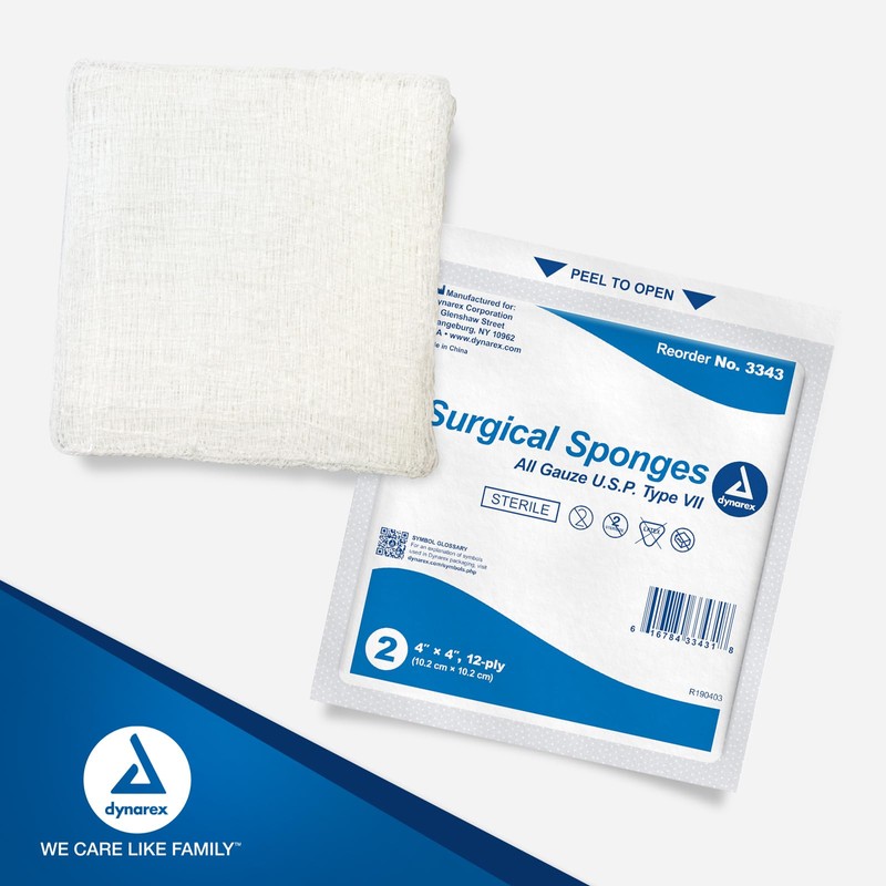 Dynarex Surgical Gauze Sponges - Absorbent Cotton Fabric with Folded