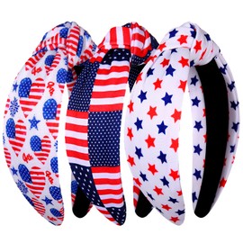 NVENF 3PCS 4th of July Headband for Women Red Blue USA Star Knotted Headband Crystal Patriotic Wide Top Knot Headband 4th of July Hair Accessories Outfits Gifts (3PCS Flag N)