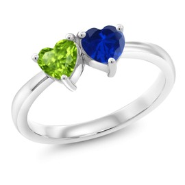 Gem Stone King 925 Sterling Silver Double Heart Shape Green Peridot Blue Created Sapphire Ring For Women (1.11 Cttw, Gemstone Birthstone, Available In Size 5, 6, 7, 8, 9)