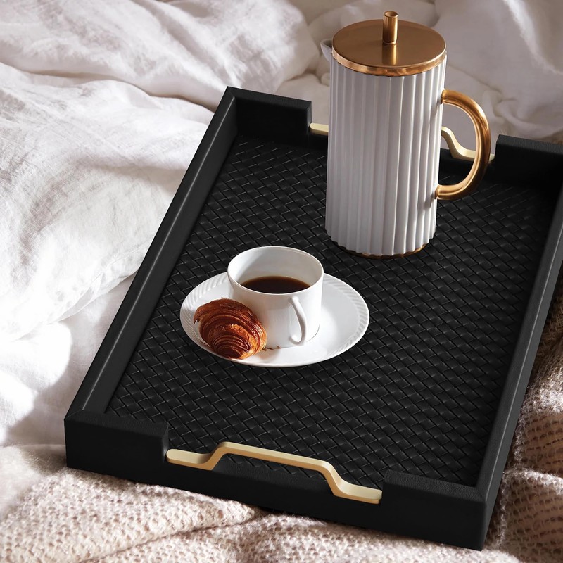 HofferRuffer Faux Leather Rectangle Serving Tray Decor Platter with Gold