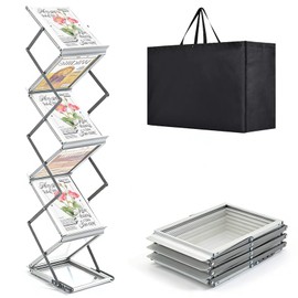 Estleys 6 Pockets Aluminum Foldable Magazine Rack Floor, Brochure Magazine Display Stand, Brochure Holder, Literature Rack with Carrying Bag for Trade Shows, Exhibition, Office, Retail Store