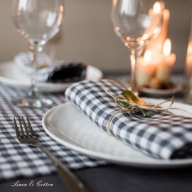 Linen & Cotton 4 x Estella Fabric Napkins Checked in Country House Style 100% Linen White Grey (32 x 32 cm) Various Spring / Home Kitchen Restaurant Cafe Bistro