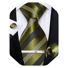 DiBanGu Mens Striped Tie Silk Woven Necktie and Pocket Square Cufflinks Tie Clip Set Wedding Business Formal Gift Tie for Men, Olive Green Black Striped, One Size
