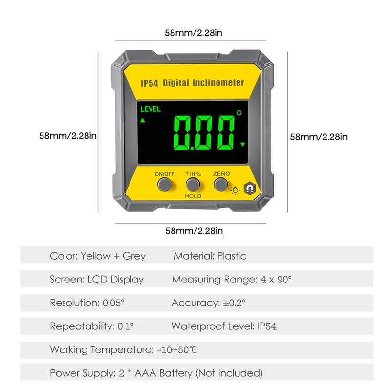 4 x 90 Degrees Digital LCD Protractor Inclinometer Magnetic 0.2°