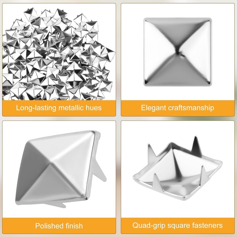 500Pcs Square Pyramid Studs for Clothing - 4/6/8/10/12mm Silver Metal