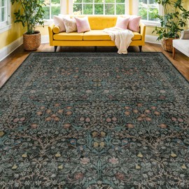 Vintage Dark Green Living Room Rug, 8x10 Washable Area Rugs for Bedroom, Dining Room Rugs Kitchen Table Rugs for Under Table, Oriental Low Pile Stain Resistant Non-Slip Large Rug (8x10 Dark Green)