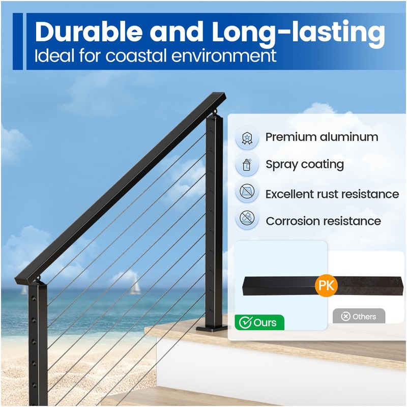 Muzata 6'6" Aluminum Black Cable Railing Handrail Rectangular Handrail for