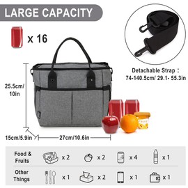 Lunch Bag,RAVUO Water Resistant Insulated Leak-Proof Lunch Box Reusable Lunch Tote Cooler Bag for Men, Women with Detachable Shoulder Strap Grey