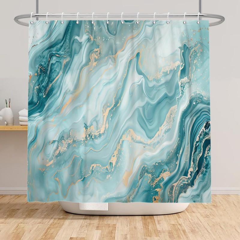 ChloropLastid Teal Marble Shower Curtain 72x72 Inch Abstract Turquoise Gold
