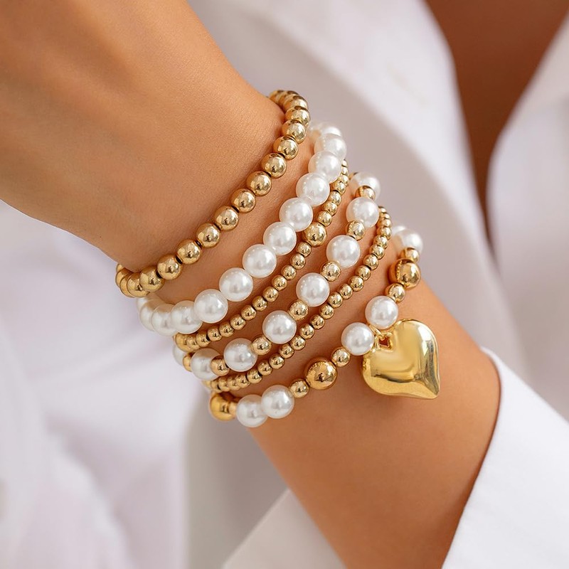Octwine Boho Dainty Gold Stackable Pearls Bracelets for Women Gold