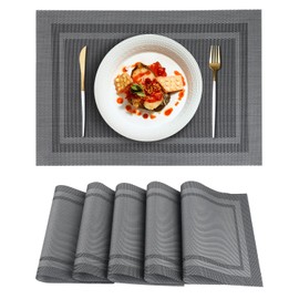 FGSAEOR Silver Placemats Set of 6, Heat Resistant Non-Slip Woven Vinyl Placemats, Washable Durable PVC Table Mats for Dining Table, Easy to Clean Stain Resistant Kitchen Table Placemats