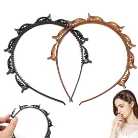 2Pcs Double Layer Clip Hairbands,butterfly clip headband,Multi-Layer Teeth Comb Hair Hoop Headband With Clips Attached,Clip Headbands,Headbands for Women's hair,Girls,DIY Hairband,Black, Brown