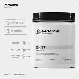 Performa Supplements Ignite Pre-Workout with Beta-Alanine, Caffiene, Citrulline and Alpha GPC Including Natural Flavoring and Zero Food Coloring- 30 Servings Summer Peach