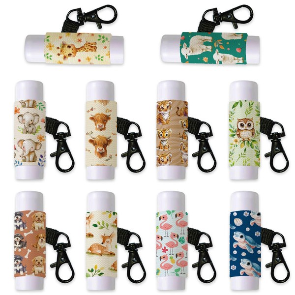 DELORIGIN 10pcs Animals Flowers Lip Balm Holder Keychain Lipstick Sleeves