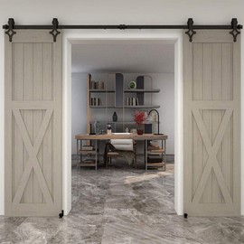 CCJH 12 FT Sliding Barn Door Hardware Track Kit & Barn Door Floor Guide Heavy Duty Sturdy Smoothly and Quietly Fit Max 36" Wide Door Double Door Hanging Rail