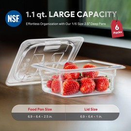 Wilprep 6 Pack Plastic Food Pans with Lids, 1/6 Size 6 in Deep Clear Food Storage Containers, 2.6 qt Stackable Polycarbonate Commercial Hotel Pans for Fruits Vegetables Beans Corns, NSF Listed