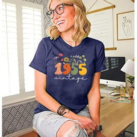 Women 70th Birthday Shirt Vintage 1955 Tshirt Seventy Bday Gift Casual Birthday Apparel Flower Graphic Short Sleeves Tee