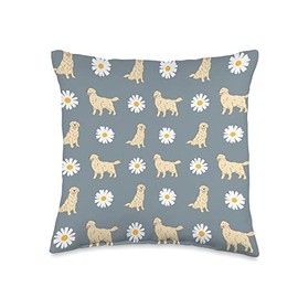 Golden Retriever and Daisy Flower Pattern Dusty Blue Throw Pillow