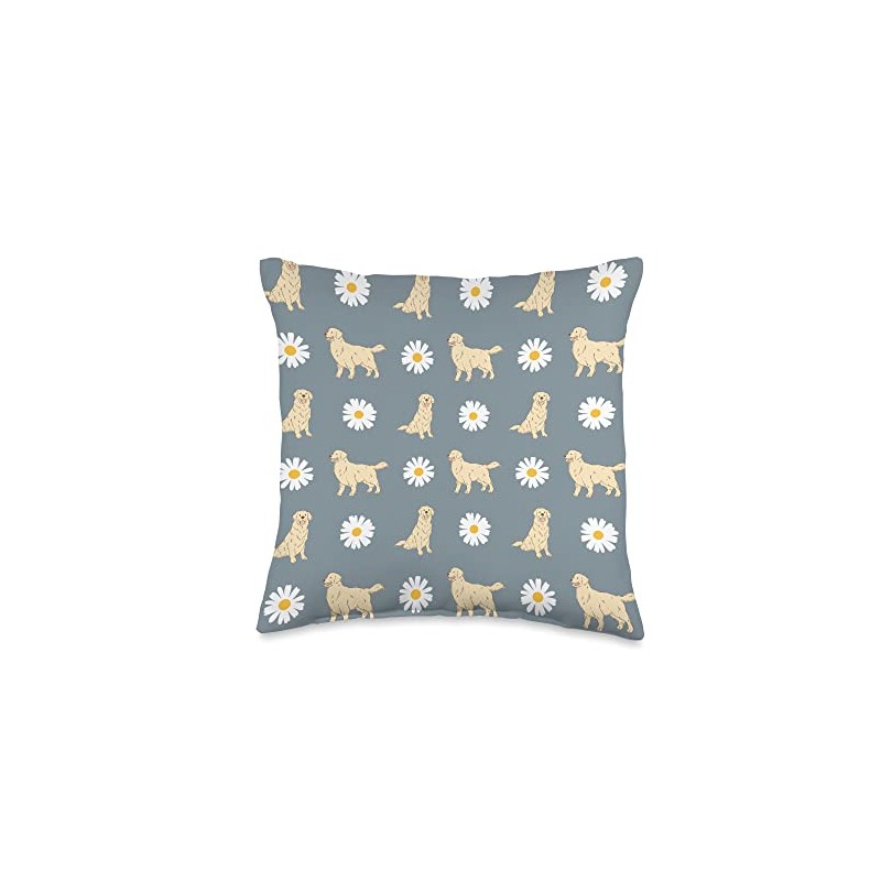 Golden Retriever and Daisy Flower Pattern Dusty Blue Throw Pillow