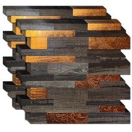 XUANINY 12-Sheet Peel and Stick Metal Backsplash Tiles, Self Adhesive Aluminum 3D Wall Sticker, Wall Panels for Kitchen Bathroom, Bedroom, Living Room(11.81"x11.81") (Wooden Brown+Orange, 12)