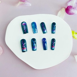 Long Coffin Press on Nails Medium Square Fake Nails with Designs Jellyfish Gel Glue on Fingernails Summer Acrylic Nails Ocean Artificial Nails Glossy Full Cover Stick on Nails for Women