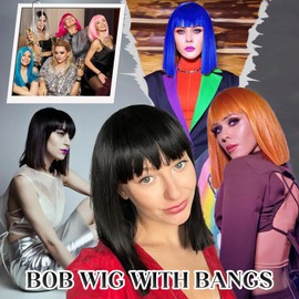 Yargel Hair Pink Straight Bob Wig with Bangs Short Pink Bob Wigs for Women Shoulder Length Heat Resistant Synthetic Bangs Wig for Daily Party Use (14 inch)