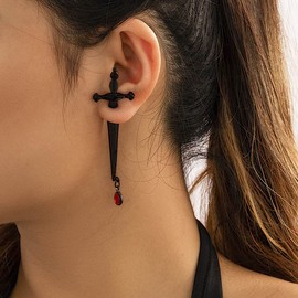 Clataly Gothic Earrings Long Sword Red Water Drop Earrings Cross Dagger Screw Back Earring Clip Youth Earrings (Single Earrings) (Black)