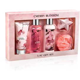 Freida & Joe Fragrance Bath & Body Collection Gift Box, Includes Shower Gel, Body Lotion, Body Scrub, Bath Bomb & Sponge (Japanese Cherry Blossom)