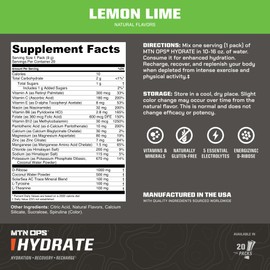 MTN OPS Hydrate Electrolytes Powder Drink Mix, 20 Single Serving On-The-Go Electrolyte Packs with Over 1000mg of Electrolytes per Serving, Lemon Lime