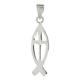 Sterling Silver Christian Fish Ichthys Pendant with Cross, 1 1/8 inch Long