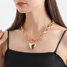 coadipress 14K Gold Chunky Puffy Heart Choker Necklace for Women Unique Heart Pendant Necklace Big Heart Pendant Adjustable Simple Trendy Chain Heart Necklaces Y2K Grunge Jewelry Gift, Zinc, No