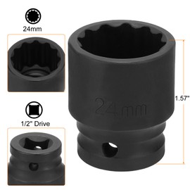 sourcing map 12-Point Impact Socket 1/2 Inch Drive 24mm Metric Cr-V Shallow Impact Socket Nut Driver Wrench for Auto Repair