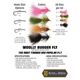ALPHA and OMEGA - Woolly Bugger Fly KIT (20 Flies) with Bead Head (Hook Size #8) Trout Steelhead Salmon Fishing Streamer Wooly Bugger Beadhead - (Pack of 20)