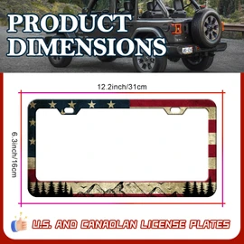 American Flag License Plate Frames - 2 Pack USA Flag Mountain Forest License Plate Holder,Stainless Steel Rust-Proof Waterproof Car Decorative Tag Frame with Screws Fasteners Caps