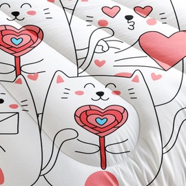 Suncloris Girls Lovely Kitten Comforter Set, Lovely Pink Heart Cats Bedding Bedspread for Kids and Adults, Kawaii Kitty Cats Pattern Quilt Bedroom Decor with 2 Pillow Cases (PinkCat, Queen)