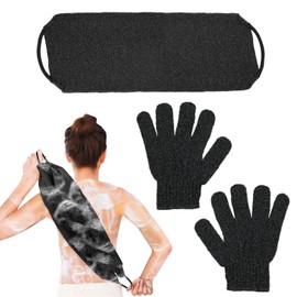 Exfoliating Back Scrubber Bath Gloves Set Exfoliating Shower Towel with Shower Gloves for Body Scrub Back Wash to Remove Dead Skin (Black)