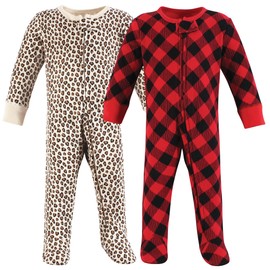 Hudson Baby Unisex Baby Thermal Zipper Sleep and Play 2pk, Buffalo Plaid Leopard, 6-9 Months