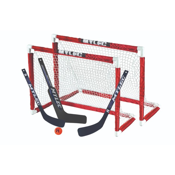 Mylec MINI Deluxe Hockey Set, 2 Hockey Nets, 2 Plastic Hockey Sticks, 1 Plastic Hockey Goalie Stick, 1 Hockey Ball, Sleeve netting system for plastic MINI pipes, Lightweight, MINIATURE, 30.5" x 23"