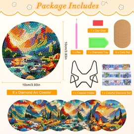 MOGTAA Camping Diamond Painting Coasters Kit with Holder, 5D Diamond Art Coasters Set of 6 for Adults Kids Beginners, DIY Diamond Painting Coaster Sets Landscape Painting Craft for Home Decor