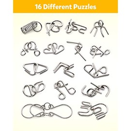 Coogam Metal Wire Puzzle Set of 16 with Pouch,Brain Teaser IQ Test Disentanglemen Iron Link Unlock Interlock Game Chinese Ring Magic Trick Toy for Par